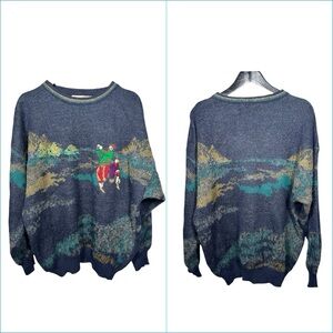 Vtg Aggio Mens Wool Blend‎ Golf Scene Sweater XL All Over Print 90s Grandpacore
